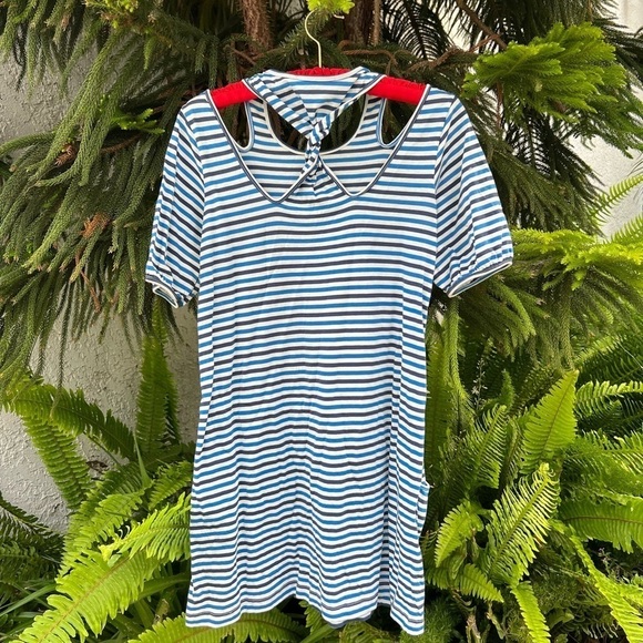 See by Chloé Blue & White Stripes Cotton Peep-Shoulder Racerback Dress | Small - Picture 3 of 9